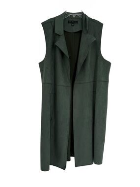 Joan Vass Long Faux Suede Open Front Vest Green Size Large Collared pockets